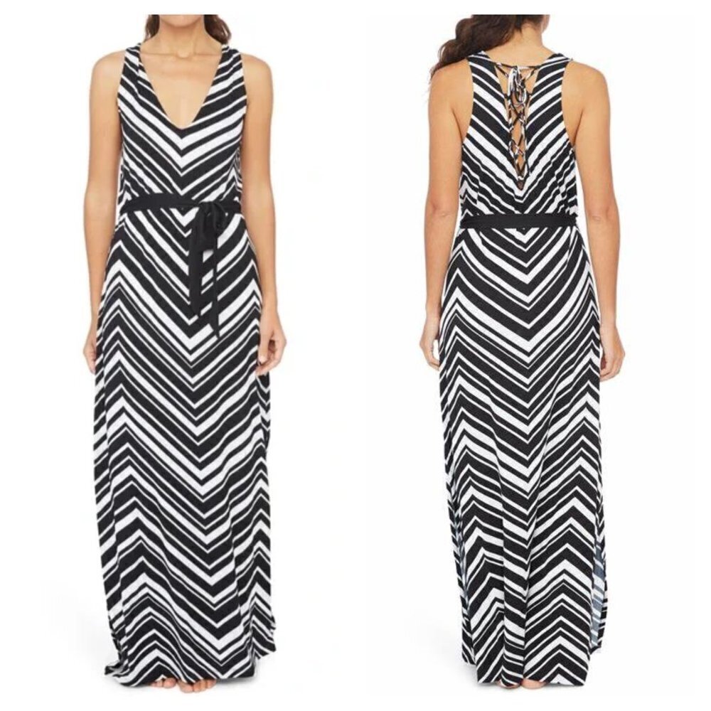 La Blanca Swimwear XS Archistripe Cover-up Maxi Dress In Black/ White Belt - Picture 1 of 8